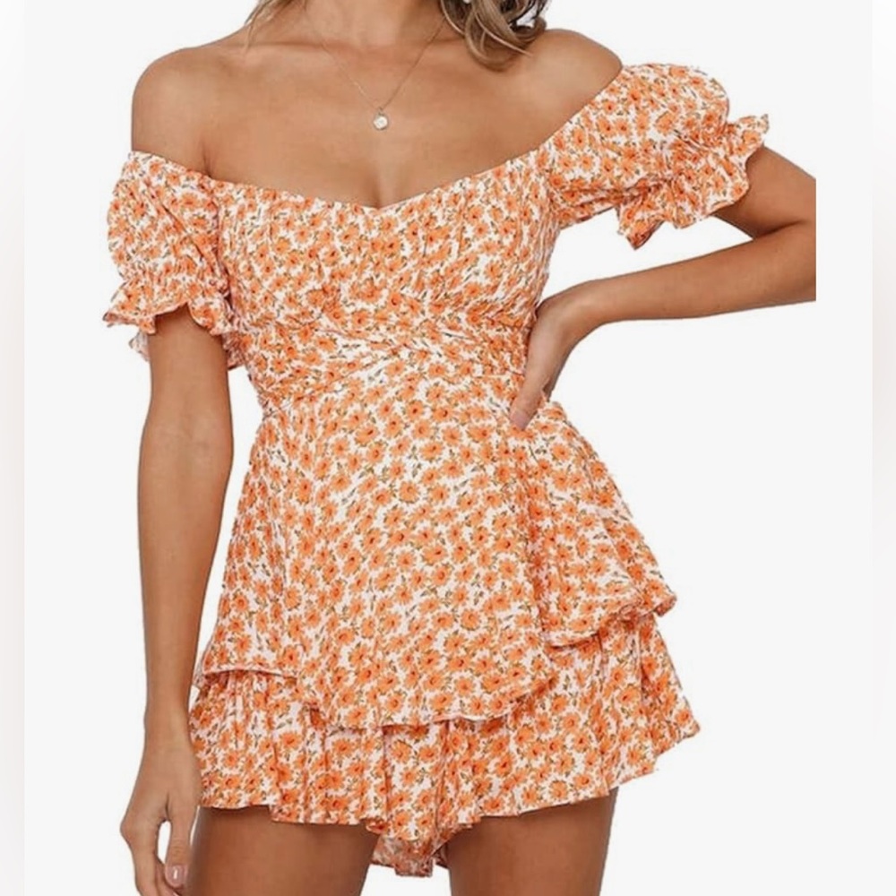 Fixmatti Women Boho Romper Off Shoulder Ruffle Chiffon Shorts Jumpsuit euc